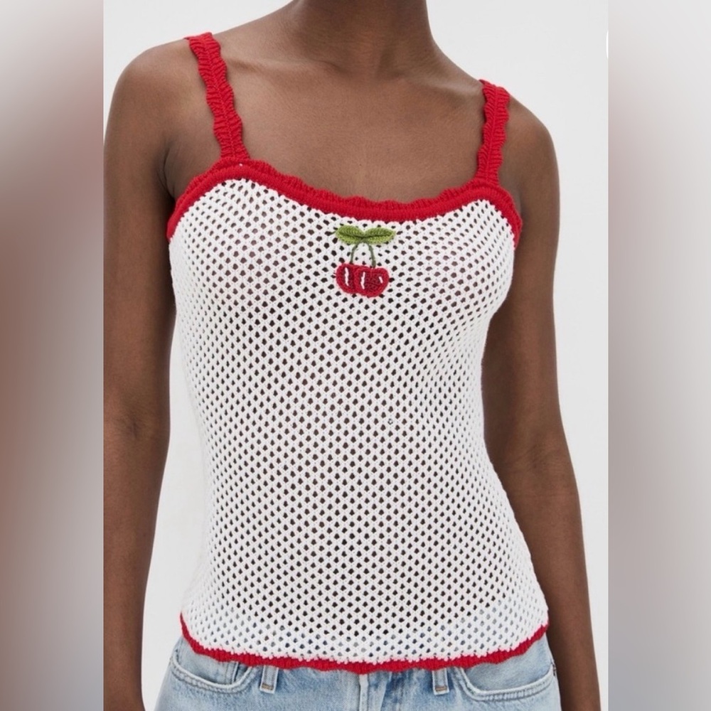 🍒 White Crochet Tank with Red Trim and Cherry Detail🍒
